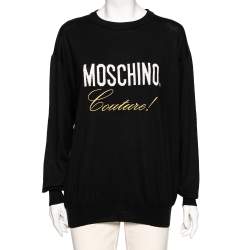 Pre Owned Moschino Couture Black Logo Intarsia Knit & Embroidered Crewneck Sweater M
