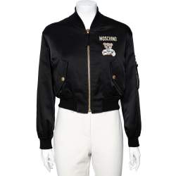 Moschino Couture Black Teddy Print Synthetic Cropped Bomber Jacket S