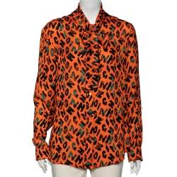 Moschino Couture Orange Printed Silk Neck Tie Detail Shirt L