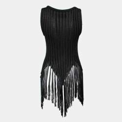 Pre Owned Moschino Couture Black Knit Fringe Detailed Hem Sleeveless Tank Top M