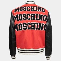 Pre Owned Moschino Couture Red Wool & Leather Flocked Logo Varsity Bomber Jacket M