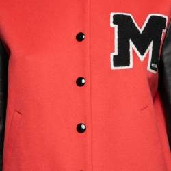 Pre Owned Moschino Couture Red Wool & Leather Flocked Logo Varsity Bomber Jacket M