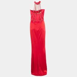 Pre Owned Moschino Couture Red Sateen Neck Chain Detail Evening Gown M