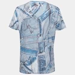 Pre Owned Moschino Couture Blue Denim Print Cotton Crew Neck T-Shirt XL