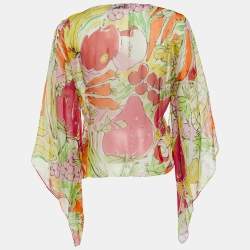 Pre Owned Moschino Jeans Multicolor Fruits Print Silk V-Neck Blouse L