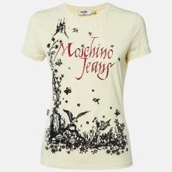 Moschino Jeans Yellow Logo Embroidery and Flock Print Jersey T-Shirt M