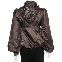 Pre Owned Moschino Jeans Brown Technical Fabric Peplum Hoodie Jacket M