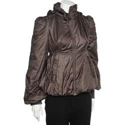 Pre Owned Moschino Jeans Brown Technical Fabric Peplum Hoodie Jacket M