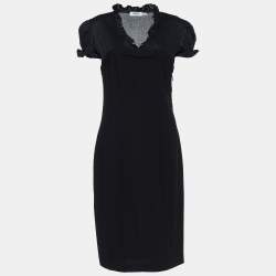 Pre Owned Moschino Jeans Black Crepe & Poplin Ruffled V Neck Dress L
