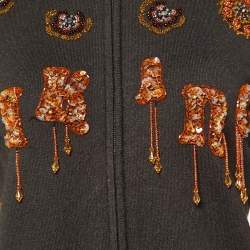 Pre Owned Moschino Jeans Grey Embellished Knit Zip Front High Neck Sweater L