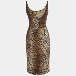 Moschino Jeans Vintage Brown Leopard Print Jersey Midi Dress M