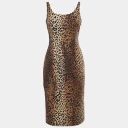 Moschino Jeans Vintage Brown Leopard Print Jersey Midi Dress M