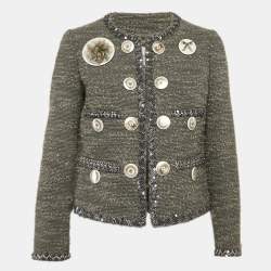 Moschino Grey Tweed and Boucle Wool Badge Detail Jacket M