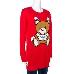 Pre Owned Moschino Couture Red Teddy Bear Jacquard Knit Jumper XXS