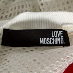 Love Moschino White Mesh Knit Heart Patch Sheer Sweater Top M