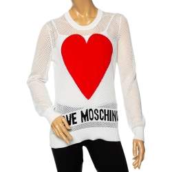Love Moschino White Mesh Knit Heart Patch Sheer Sweater Top M