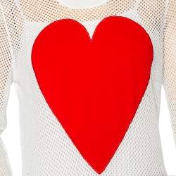 Love Moschino White Mesh Knit Heart Patch Sheer Sweater Top M