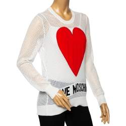 Love Moschino White Mesh Knit Heart Patch Sheer Sweater Top M