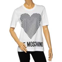 Love Moschino White Cotton Checkered Heart Printed Crewneck T-Shirt M