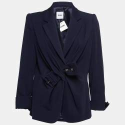 Moschino Navy Blue Wool Blend Draped Front Blazer L