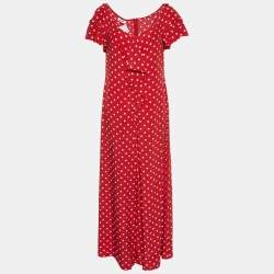 Moschino Red Polka Dot Printed Silk Ruffle Detail Jumpsuit L