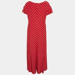 Moschino Red Polka Dot Printed Silk Ruffle Detail Jumpsuit L