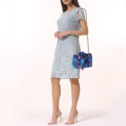 Pre Owned Moschino Blue/Pink Brocade Velvet Biker Shoulder Bag