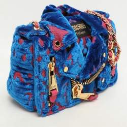 Pre Owned Moschino Blue/Pink Brocade Velvet Biker Shoulder Bag