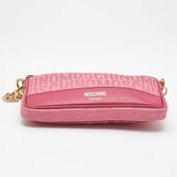 Pre Owned Moschino Fuchsia Logo Jacquard Fabric Chain Clutch