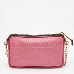 Pre Owned Moschino Fuchsia Logo Jacquard Fabric Chain Clutch