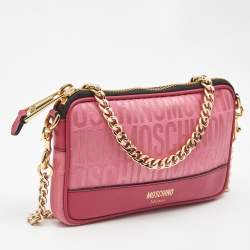 Pre Owned Moschino Fuchsia Logo Jacquard Fabric Chain Clutch