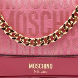 Pre Owned Moschino Fuchsia Logo Jacquard Fabric Chain Clutch