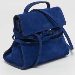 Pre Owned Moschino Tie Me Small Blue Suede Top Handle Bag