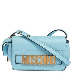 Pre Owned Moschino Blue Leather Logo Flap Crossbody Bag