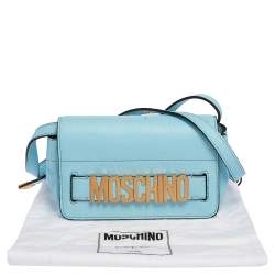 Pre Owned Moschino Blue Leather Logo Flap Crossbody Bag
