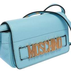 Pre Owned Moschino Blue Leather Logo Flap Crossbody Bag