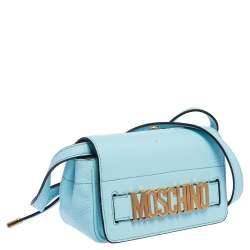Pre Owned Moschino Blue Leather Logo Flap Crossbody Bag