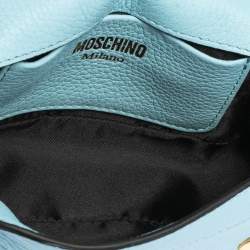 Pre Owned Moschino Blue Leather Logo Flap Crossbody Bag