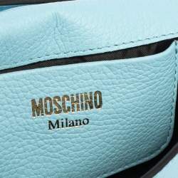 Pre Owned Moschino Blue Leather Logo Flap Crossbody Bag