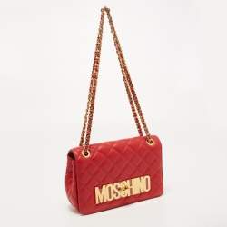 Pre Owned Moschino Red Quilted Leather Classic Logo Flap Shoulder Bag
