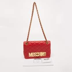Pre Owned Moschino Red Quilted Leather Classic Logo Flap Shoulder Bag