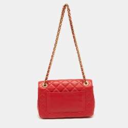 Pre Owned Moschino Red Quilted Leather Classic Logo Flap Shoulder Bag