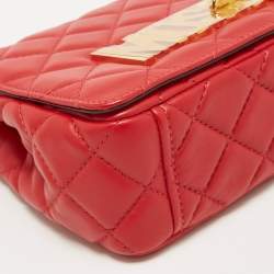 Pre Owned Moschino Red Quilted Leather Classic Logo Flap Shoulder Bag