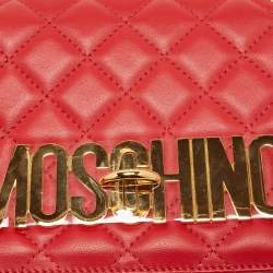 Pre Owned Moschino Red Quilted Leather Classic Logo Flap Shoulder Bag