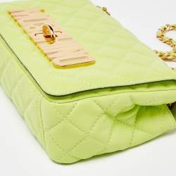 Moschino Neon Green Quilted Leather Classic Logo Flap Shoulder Bag