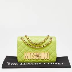 Moschino Neon Green Quilted Leather Classic Logo Flap Shoulder Bag