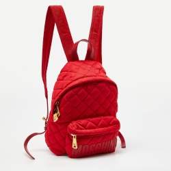 Pre Owned Moschino Red Quilted Nylon Logo Backpack