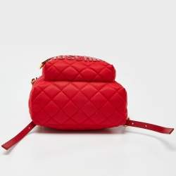 Pre Owned Moschino Red Quilted Nylon Logo Backpack
