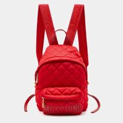 Pre Owned Moschino Red Quilted Nylon Logo Backpack