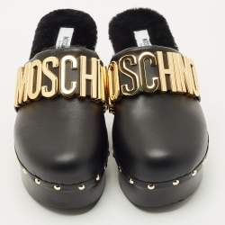 Pre Owned Moschino Black Leather Logo Clogs Size 37